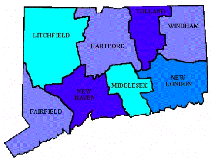 Map of the counties in Connecticut. 