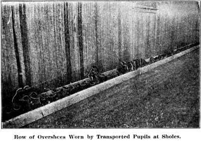 Row of Overshoes Worn by Transported Pupils at Sholes.
